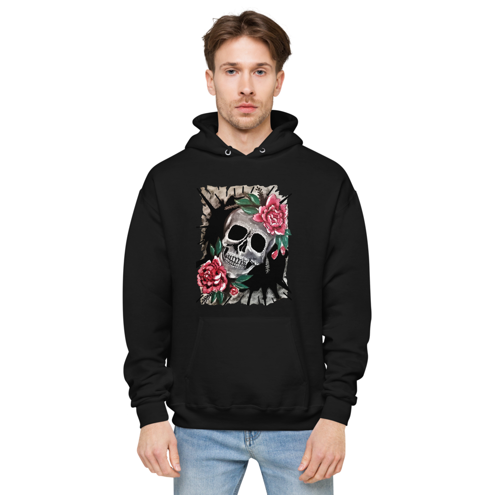 Unisex fleece hoodie skull and peonies